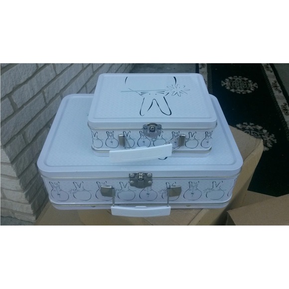 2pc White Bunny Print Metal Lunch Boxes rabbits design 1large 1small must see NW - Picture 10 of 16